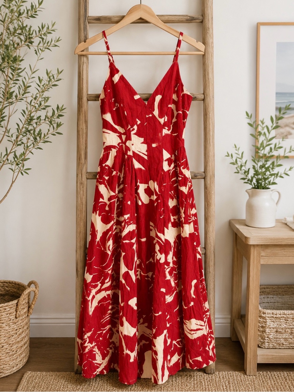 Japna Red and Cream Floral Midi Dress
